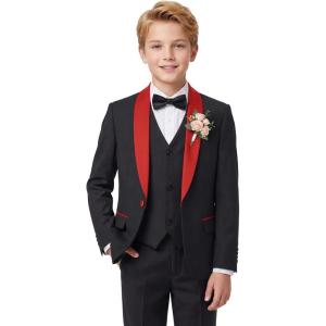 imageWULFUL Boys 5 Pieces Tuxedo Suit Set Kids Suits Shawl Collar Jacket Pant Vest and Bow Tie for Wedding Ring Bearer Party PromBlackred Lapel