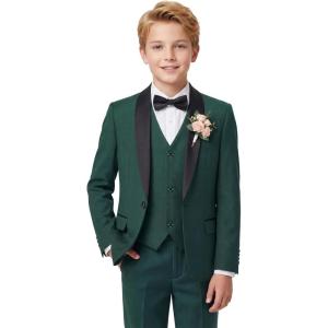 imageWULFUL Boys 5 Pieces Tuxedo Suit Set Kids Suits Shawl Collar Jacket Pant Vest and Bow Tie for Wedding Ring Bearer Party PromDeep Green
