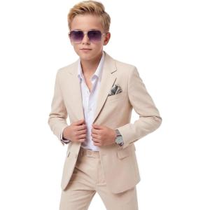 imageWULFUL Boys Slim Fit Suit 3 PiecesJacket Pants ShirtSummer Suit Set for Teens Boys Wedding BeachBeige