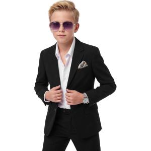 imageWULFUL Boys Slim Fit Suit 3 PiecesJacket Pants ShirtSummer Suit Set for Teens Boys Wedding BeachBlack