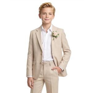 imageWULFUL Boys Slim Fit Suit 3 PiecesJacket Pants ShirtSummer Suit Set for Teens Boys Wedding BeachKhaki