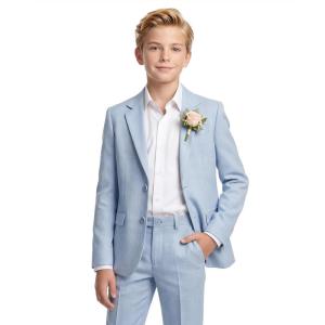 imageWULFUL Boys Slim Fit Suit 3 PiecesJacket Pants ShirtSummer Suit Set for Teens Boys Wedding BeachLight Blue