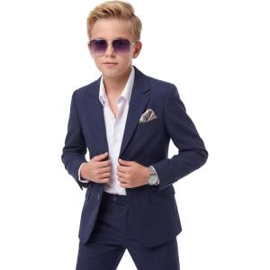 imageWULFUL Boys Slim Fit Suit 3 PiecesJacket Pants ShirtSummer Suit Set for Teens Boys Wedding BeachNavy