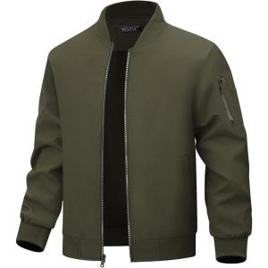 imageWULFUL Mens Lightweight Bomber Jacket Casual Windbreaker Zip Up Coat Spring Fall Streetwear with Pockets for Travel WorkArmy Green