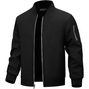 imageWULFUL Mens Lightweight Bomber Jacket Casual Windbreaker Zip Up Coat Spring Fall Streetwear with Pockets for Travel WorkBlack
