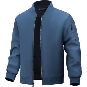 imageWULFUL Mens Lightweight Bomber Jacket Casual Windbreaker Zip Up Coat Spring Fall Streetwear with Pockets for Travel WorkBlue