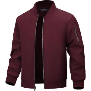 imageWULFUL Mens Lightweight Bomber Jacket Casual Windbreaker Zip Up Coat Spring Fall Streetwear with Pockets for Travel WorkBurgundy
