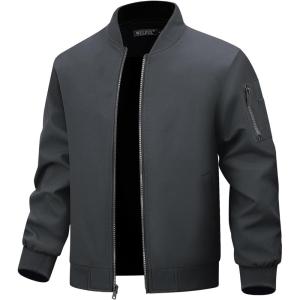 imageWULFUL Mens Lightweight Bomber Jacket Casual Windbreaker Zip Up Coat Spring Fall Streetwear with Pockets for Travel WorkDeep Grey
