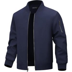 imageWULFUL Mens Lightweight Bomber Jacket Casual Windbreaker Zip Up Coat Spring Fall Streetwear with Pockets for Travel WorkNavy