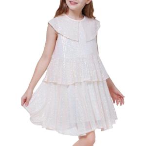 imageWULFUL Girls Sequin Dress Sparkly Party Aline Flutter Neckline DualLayer Holiday Prom Formal Dresses 512YMulticoloured White
