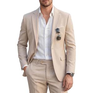imageWULFUL Mens Slim Fit 2 Piece Suit One Button Solid Blazer Business Party Jacket Pants SetBeige
