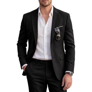 imageWULFUL Mens Slim Fit 2 Piece Suit One Button Solid Blazer Business Party Jacket Pants SetBlack