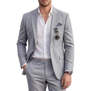 imageWULFUL Mens Slim Fit 2 Piece Suit One Button Solid Blazer Business Party Jacket Pants SetGrey