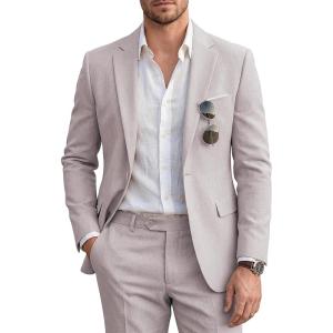 imageWULFUL Mens Slim Fit 2 Piece Suit One Button Solid Blazer Business Party Jacket Pants SetKhaki