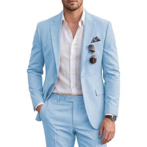 imageWULFUL Mens Slim Fit 2 Piece Suit One Button Solid Blazer Business Party Jacket Pants SetLight Blue