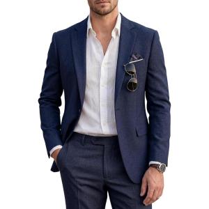 imageWULFUL Mens Slim Fit 2 Piece Suit One Button Solid Blazer Business Party Jacket Pants SetNavy