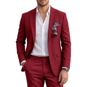 imageWULFUL Mens Slim Fit 2 Piece Suit One Button Solid Blazer Business Party Jacket Pants SetWine Red