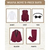 image:imageWULFUL Boys 5 Pieces Tuxedo Suit Set Kids Suits Shawl Collar Jacket Pant Vest Bow Tie for Wedding Ring Bearer Party PromWine Red